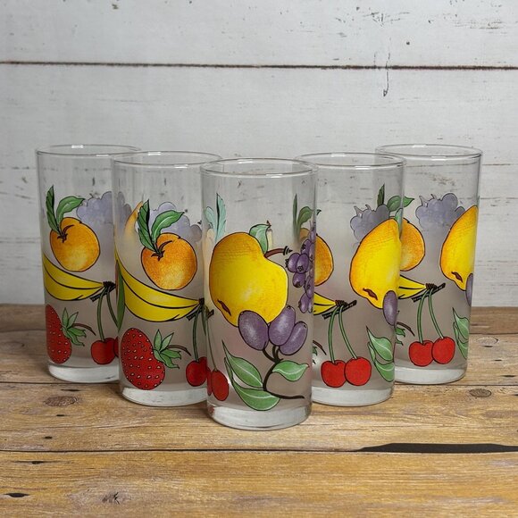Set of 5 Vintage French Fruit Tumblers – Frosted Mid-Century Drinking Glasses - Picture 1 of 7